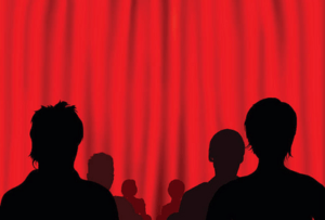 silhouettes devant un rideau rouge pour symboliser l'histoire de la compagnie de theatre acour
